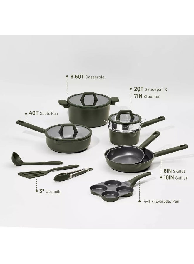 كاروت طقم أواني كاروت 21 قطعة غير لاصق لطهي صحي خالٍ من PFOA، يضم مقالي وقدر طهي ومقلاة تشويح وكسرولة وقدر بخارية ومقلاة 4×1، متوافق مع جميع المواقد وآمن لغسالة الصحون (أخضر داكن) - Image 2